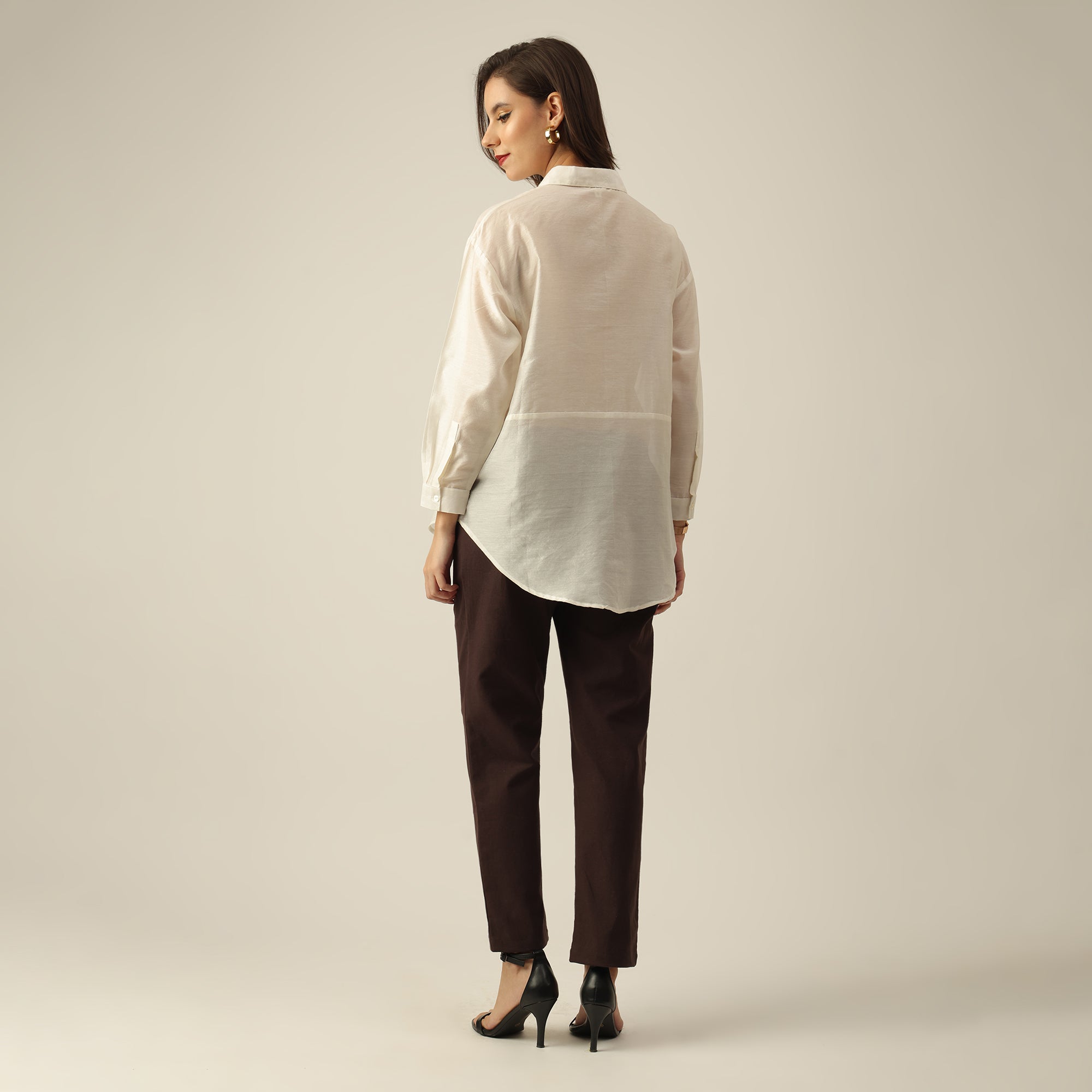 Women Pearl White Chanderi Silk Oversized Shirt with Lotu Hand Embroidery & Tapered Pants Co-ord Set