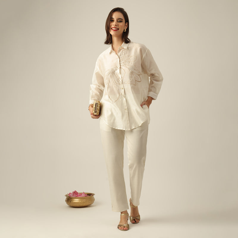 Women Pearl White Chanderi Silk Oversized Shirt with Lotu Hand Embroidery & Tapered Pants Co-ord Set