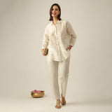 Women Pearl White Chanderi Silk Oversized Shirt with Lotu Hand Embroidery & Tapered Pants Co-ord Set