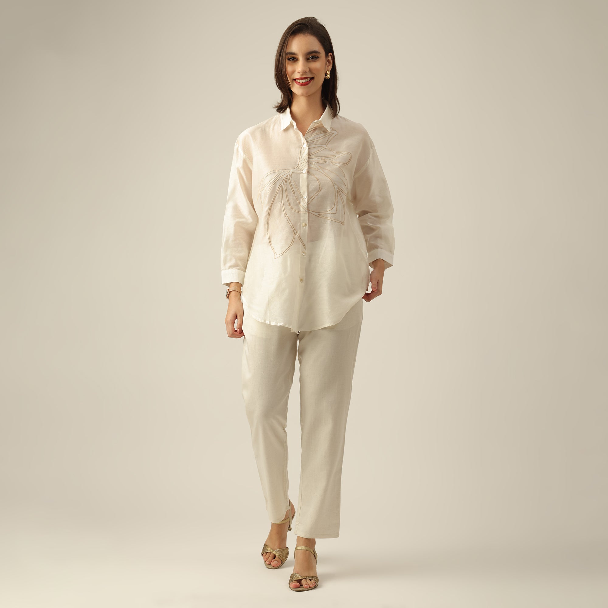 Women Pearl White Chanderi Silk Oversized Shirt with Lotu Hand Embroidery & Tapered Pants Co-ord Set