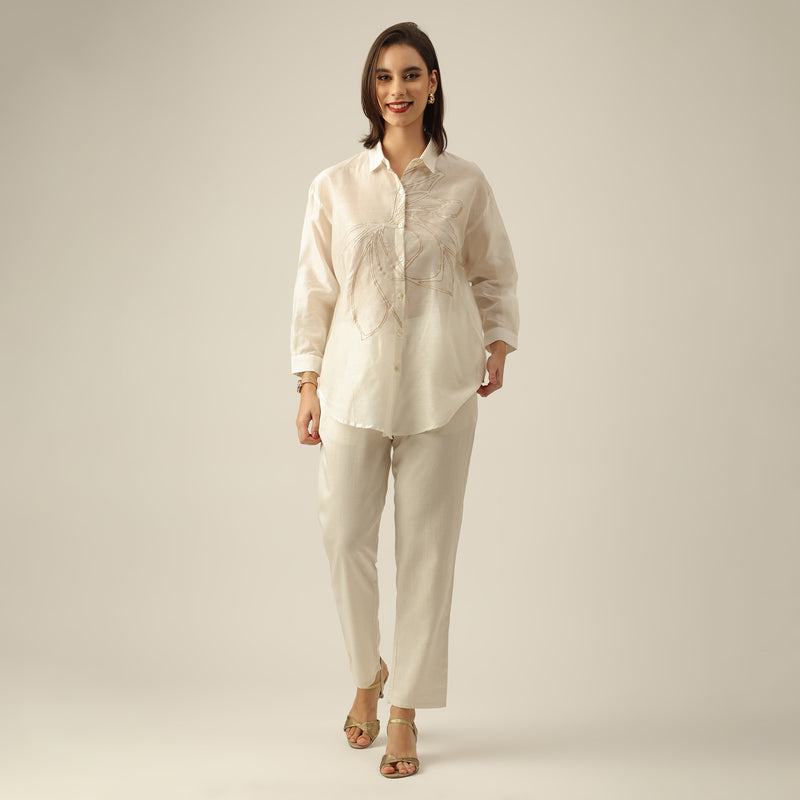 Women Pearl White Chanderi Silk Oversized Shirt with Lotu Hand Embroidery & Tapered Pants Co-ord Set