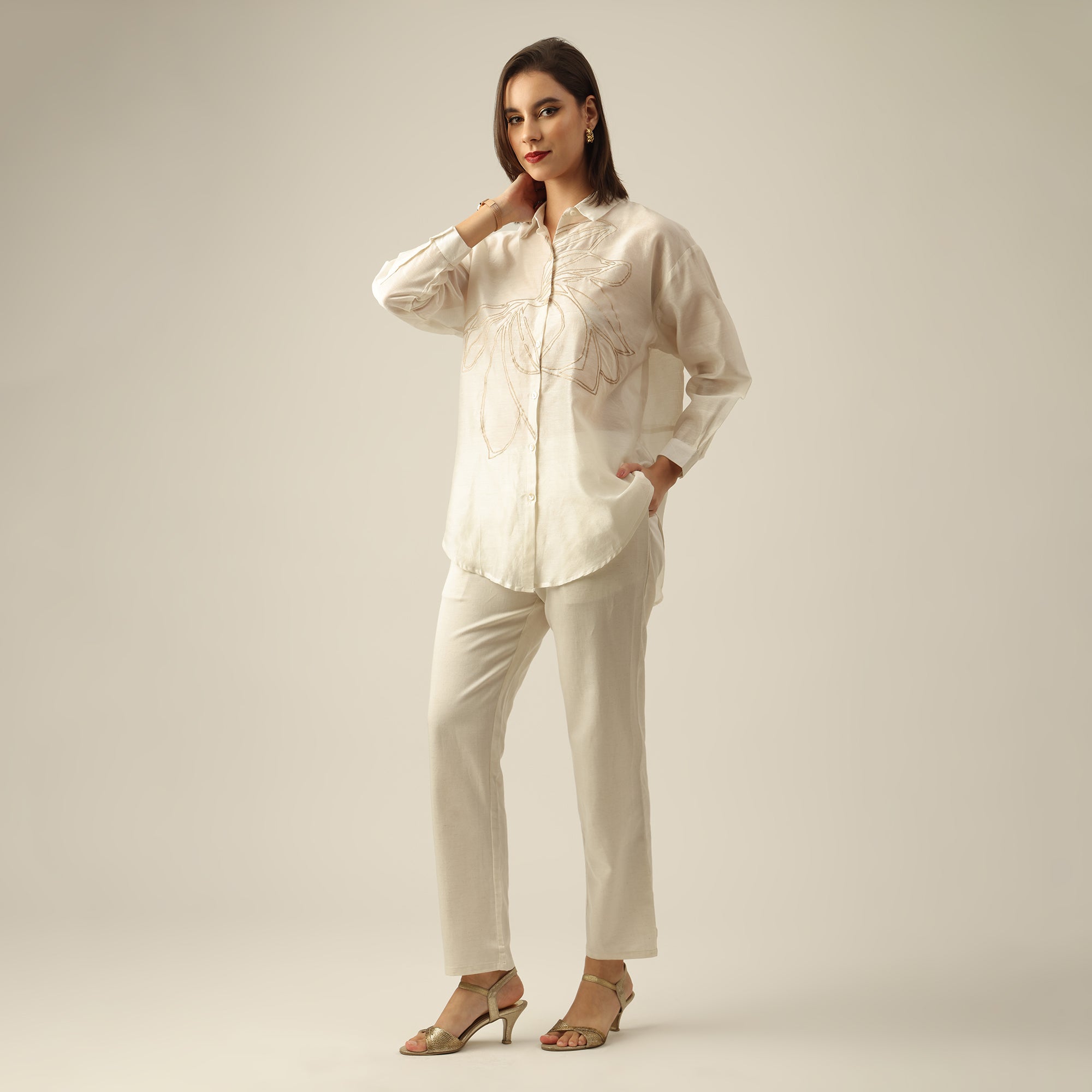 Women Pearl White Chanderi Silk Oversized Shirt with Lotu Hand Embroidery & Tapered Pants Co-ord Set