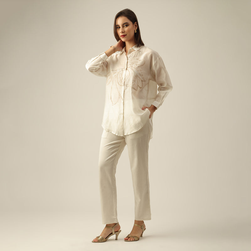 Women Pearl White Chanderi Silk Oversized Shirt with Lotu Hand Embroidery & Tapered Pants Co-ord Set