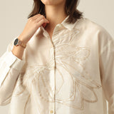 Women Pearl White Chanderi Silk Oversized Shirt with Lotu Hand Embroidery & Tapered Pants Co-ord Set