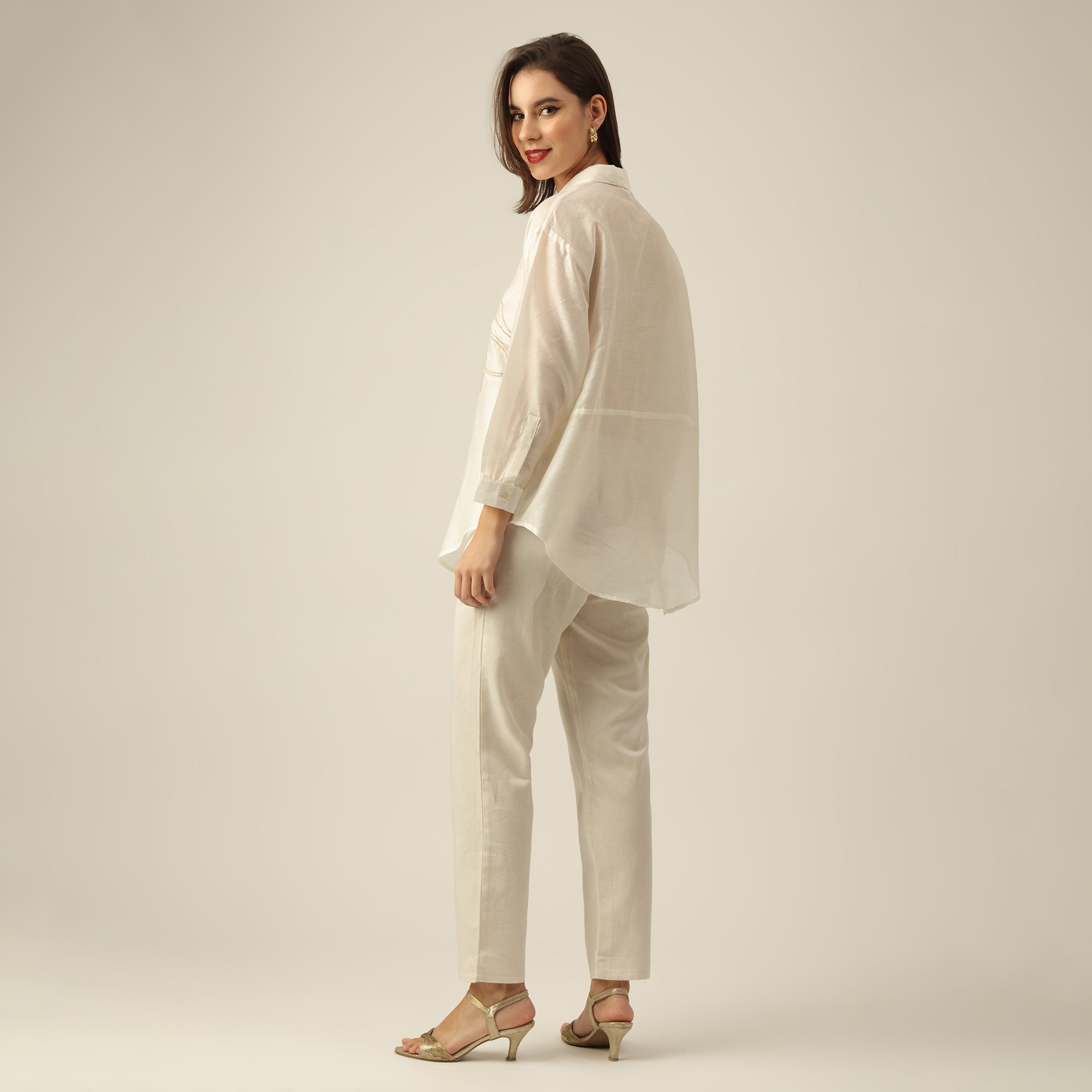 Women Pearl White Chanderi Silk Oversized Shirt with Lotu Hand Embroidery & Tapered Pants Co-ord Set