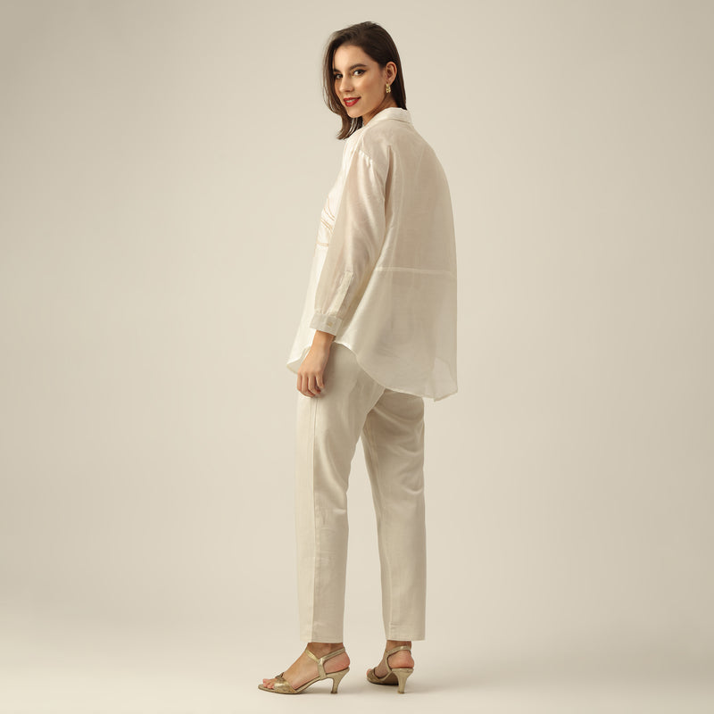 Women Pearl White Chanderi Silk Oversized Shirt with Lotu Hand Embroidery & Tapered Pants Co-ord Set