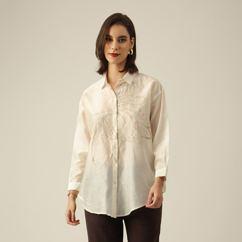 Women Pearl White Chanderi Silk Oversized Shirt with Hand-Embroidered Lotus Motif