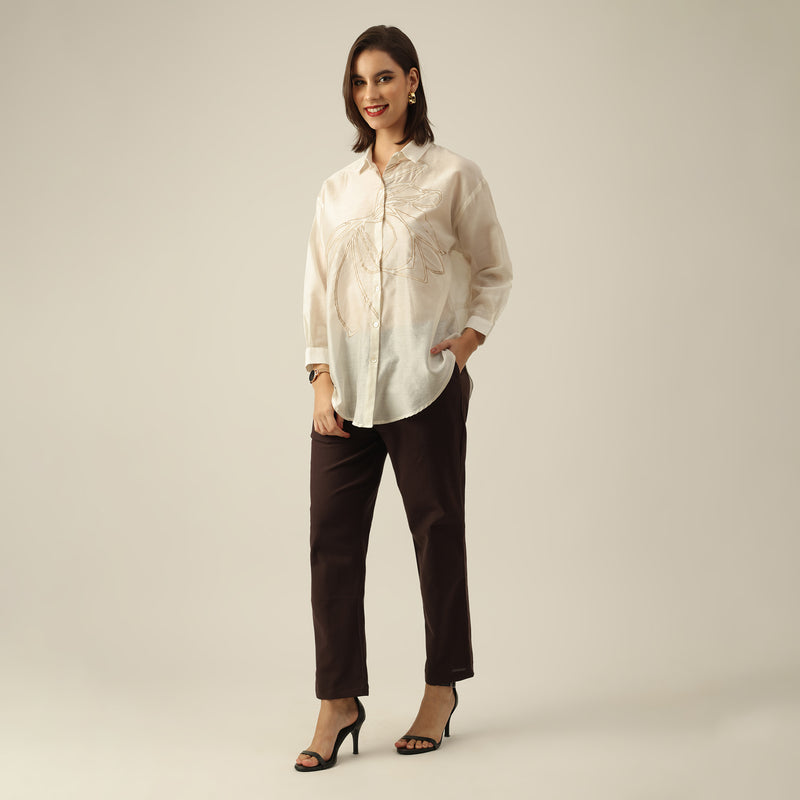 Women Pearl White Chanderi Silk Oversized Shirt with Hand-Embroidered Lotus Motif