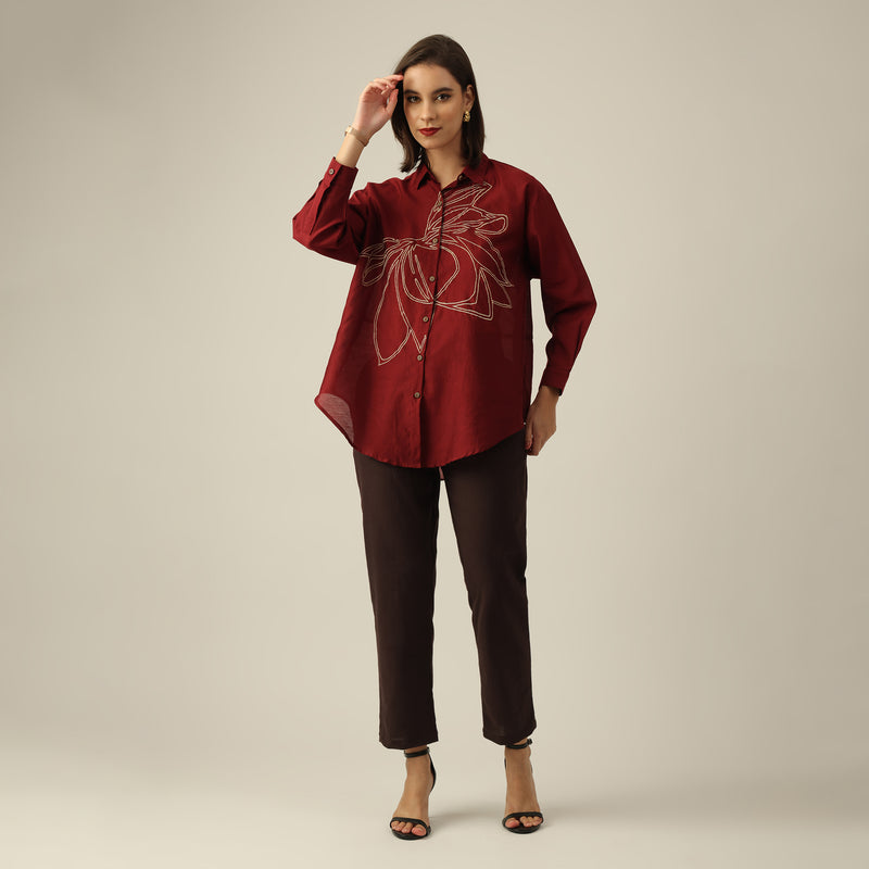 Women Maroon Chanderi Silk Oversized Shirt with Lotu Hand Embroidery & Tapered Pants Co-ord Set