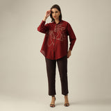 Women Maroon Chanderi Silk Oversized Shirt with Lotu Hand Embroidery & Tapered Pants Co-ord Set