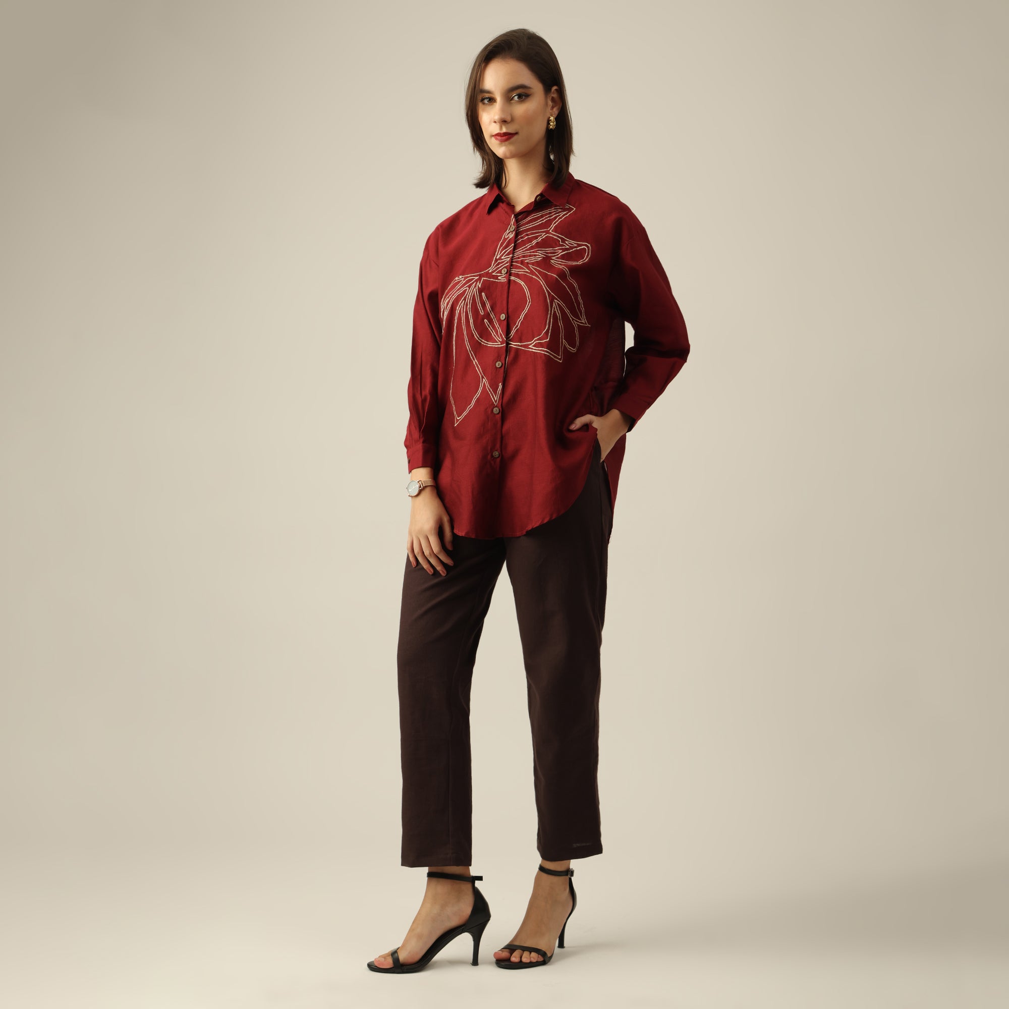 Women Maroon Chanderi Silk Oversized Shirt with Lotu Hand Embroidery & Tapered Pants Co-ord Set