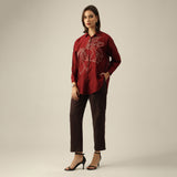 Women Maroon Chanderi Silk Oversized Shirt with Lotu Hand Embroidery & Tapered Pants Co-ord Set