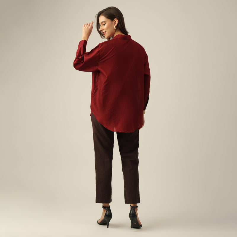 Women Maroon Chanderi Silk Oversized Shirt with Lotu Hand Embroidery & Tapered Pants Co-ord Set