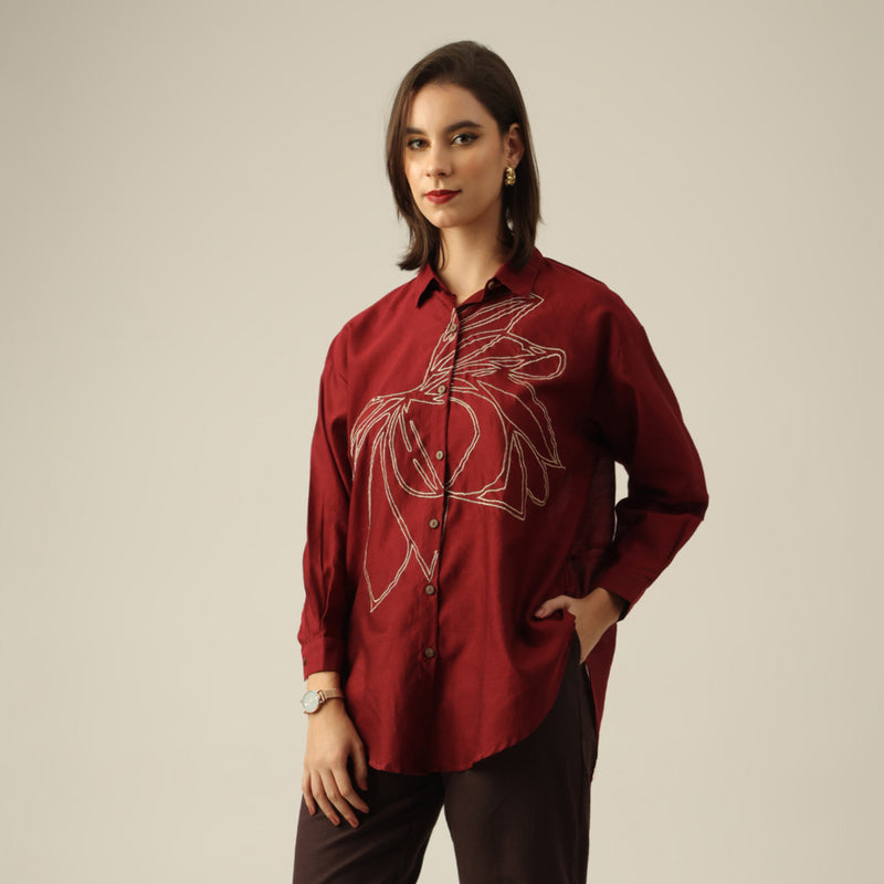 Women Maroon Chanderi Silk Oversized Shirt with Hand-Embroidered Lotus Motif