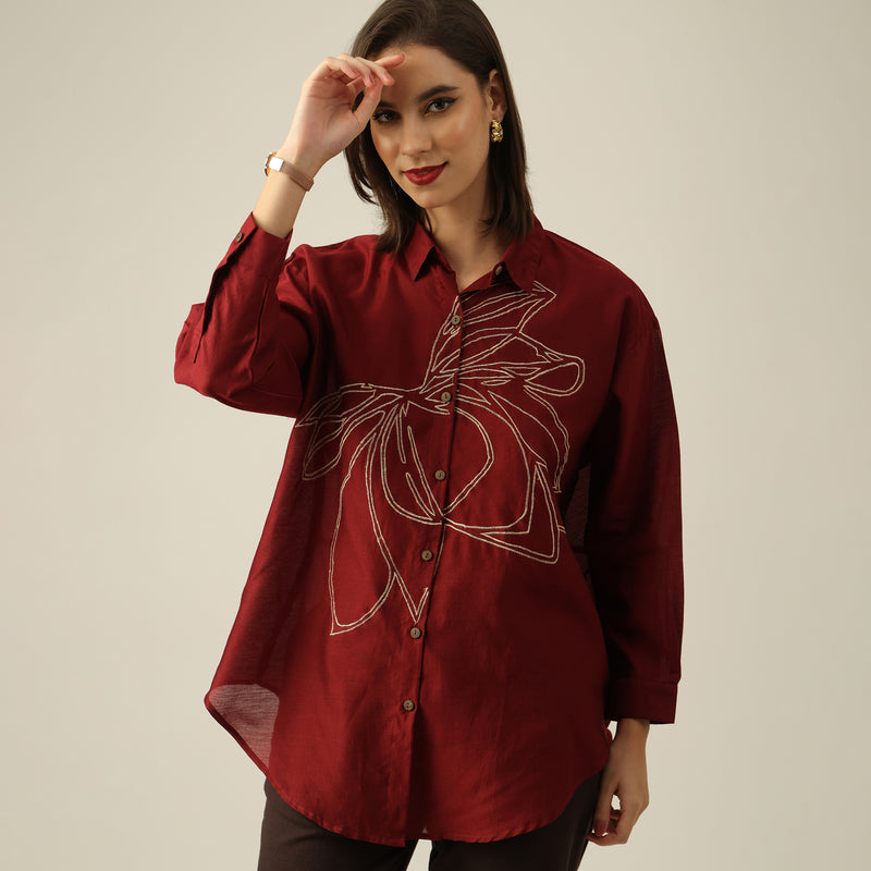 Women Maroon Chanderi Silk Oversized Shirt with Hand-Embroidered Lotus Motif