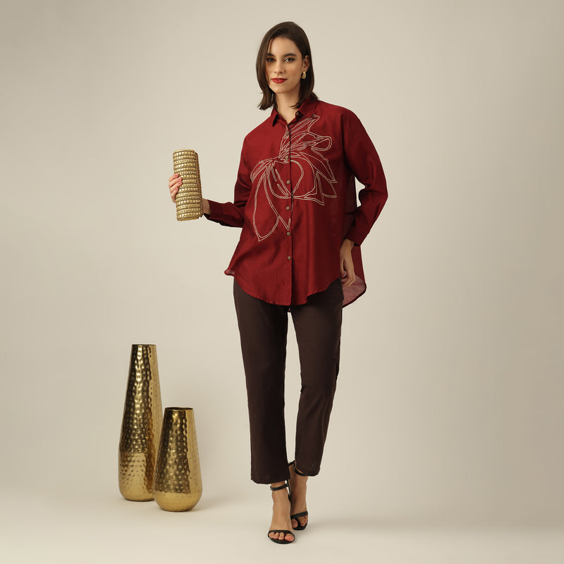 Women Maroon Chanderi Silk Oversized Shirt with Hand-Embroidered Lotus Motif
