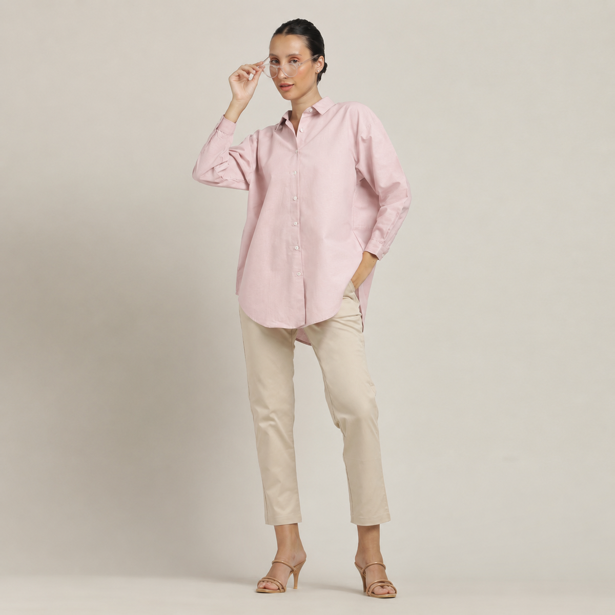 Oversized Shirt & Chinos - Pastel Pink & Beige