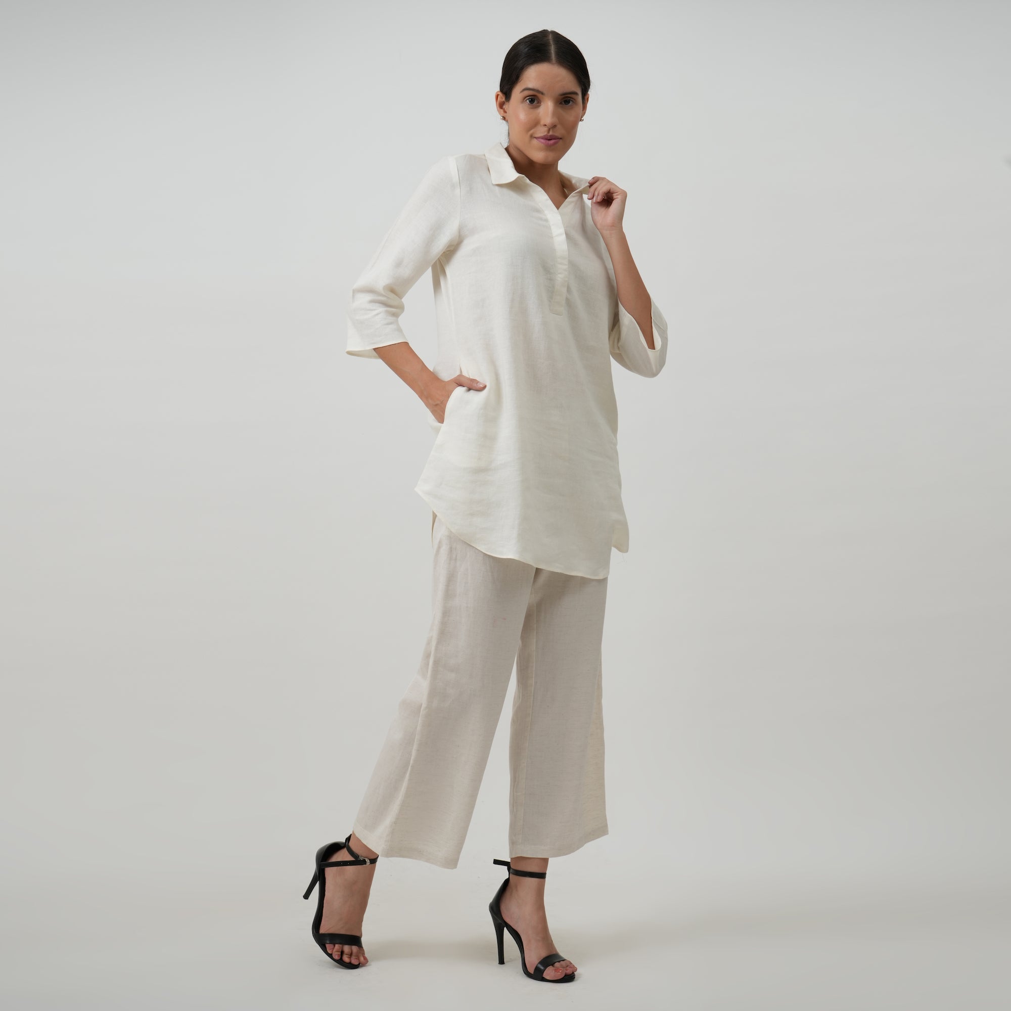 Skipper Collar Tunic Set of 2 - Tunic & Pants - Textured White