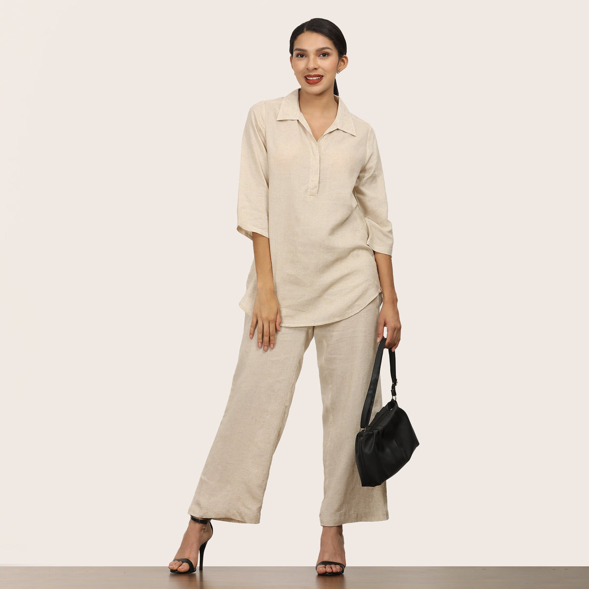 Skipper Collar Tunic Set of 2 - Tunic & Pants - Beige