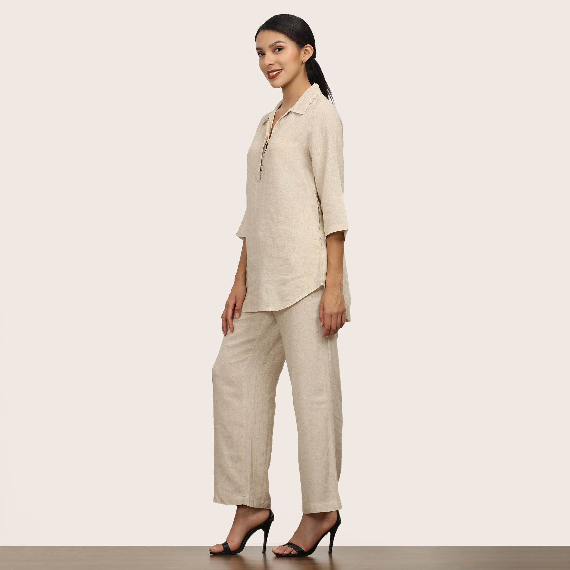 Skipper Collar Tunic Set of 2 - Tunic & Pants - Beige