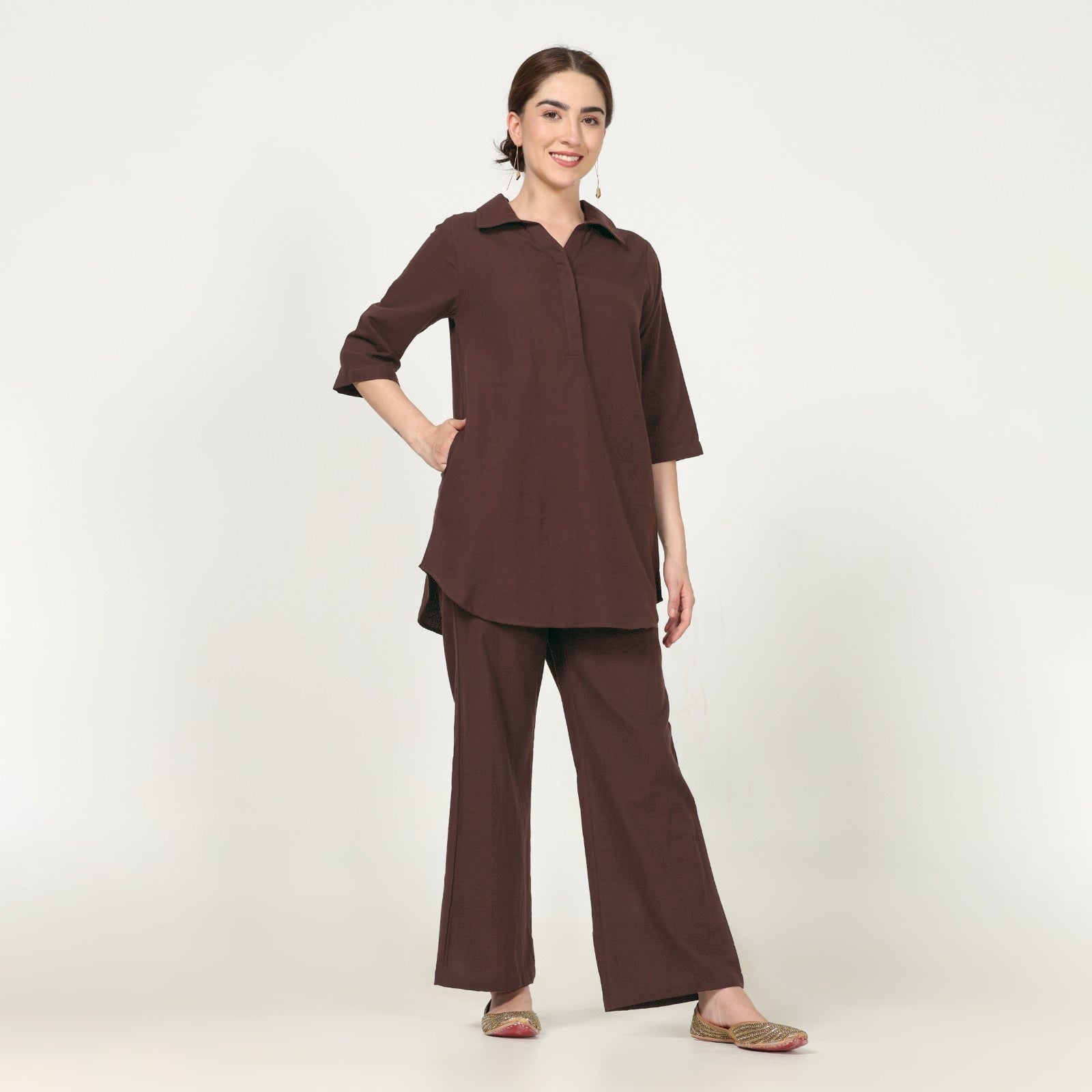 Skipper Collar Tunic Set Of 2 - Tunic & Pants - Coffee Brown