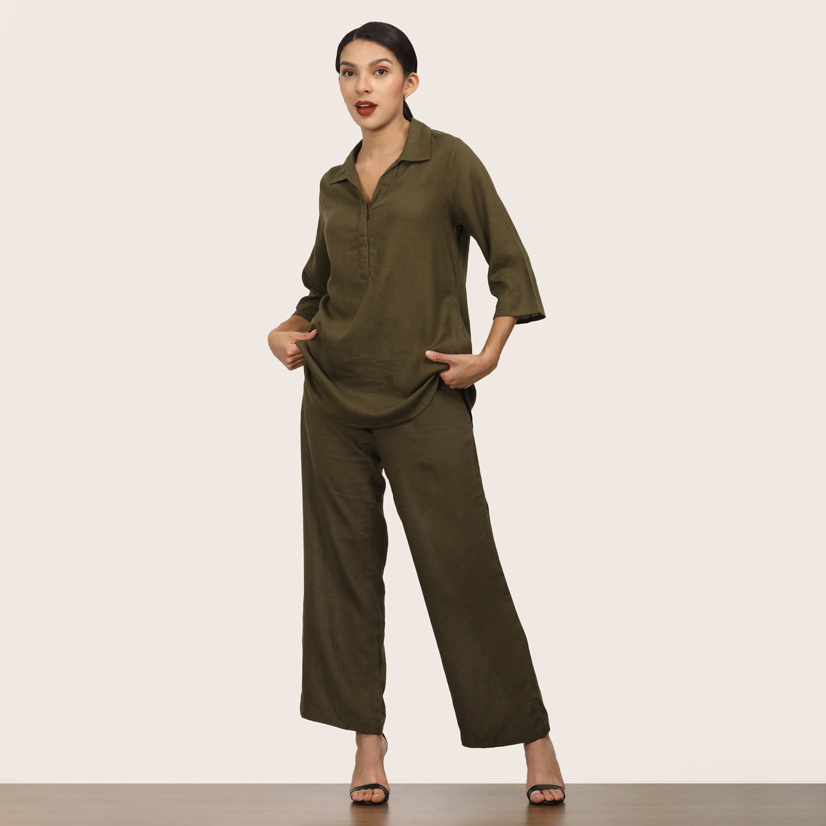 Skipper Collar Tunic Set Of 2 - Tunic & Pants - Olive