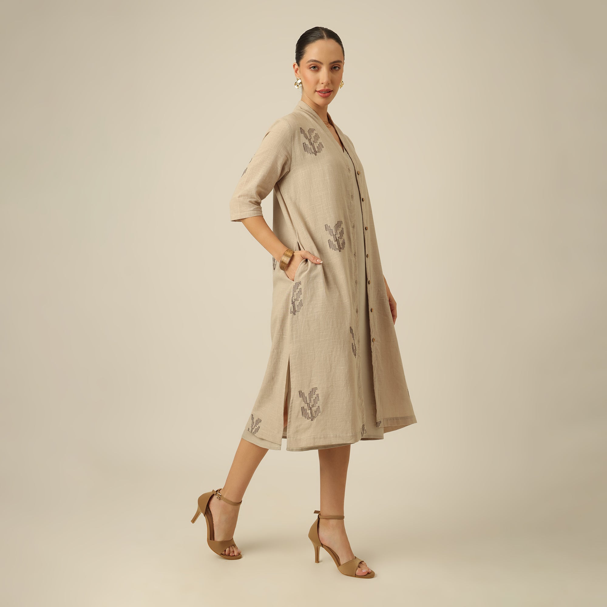 Dakota Set Of 2 - Long Shirt Overlay & Dress - Greige With Embroidery
