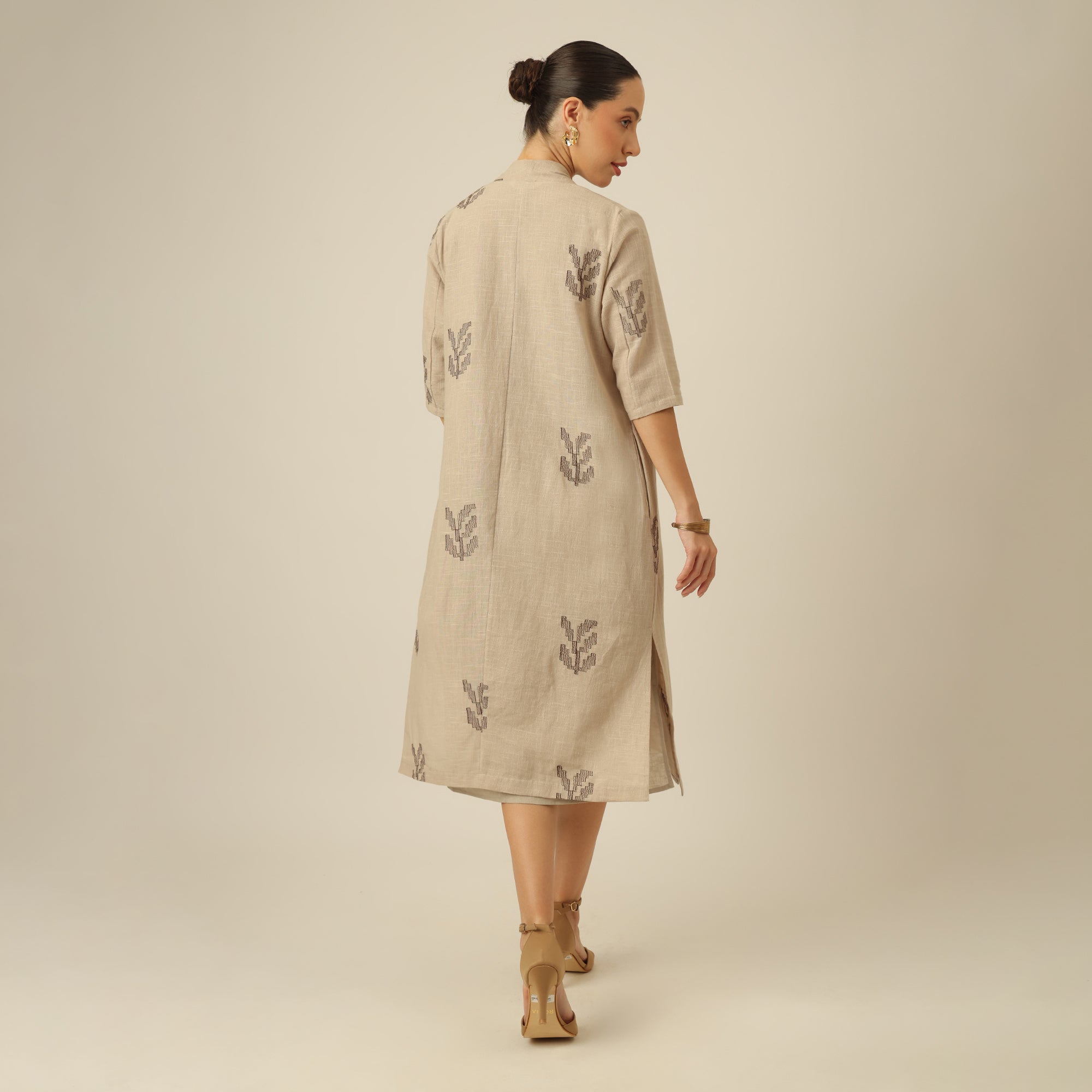 Dakota Set Of 2 - Long Shirt Overlay & Dress - Greige With Embroidery
