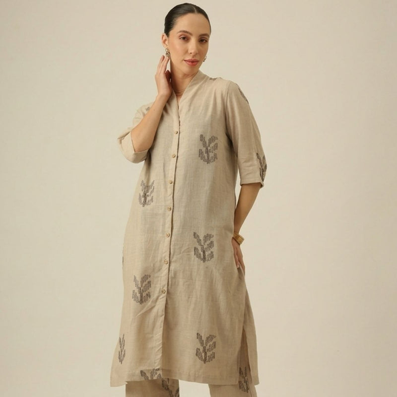 Dakota Long Shirt Overlay - Greige With Embroidery