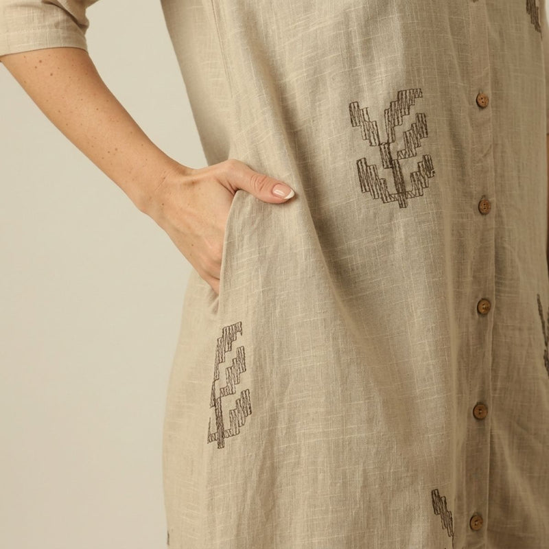 Dakota Long Shirt Overlay - Greige With Embroidery