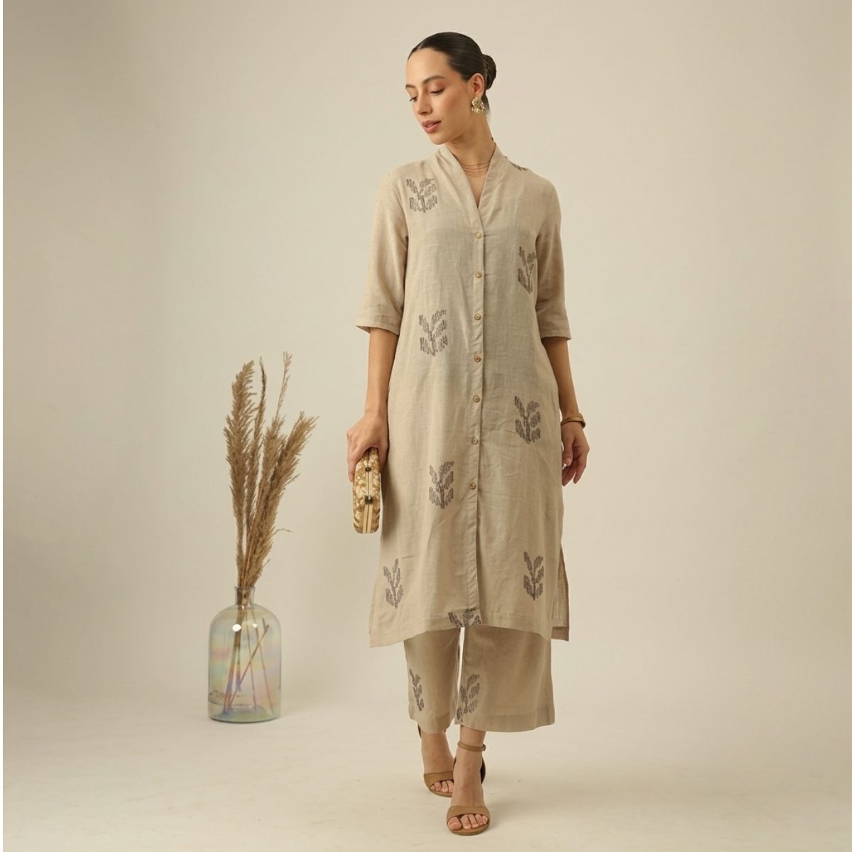 Dakota Long Shirt Overlay - Greige With Embroidery