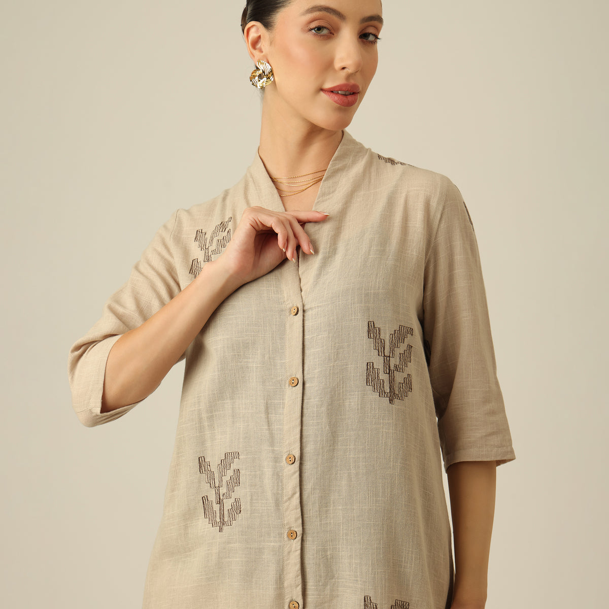 Dakota Long Shirt Overlay - Greige With Embroidery