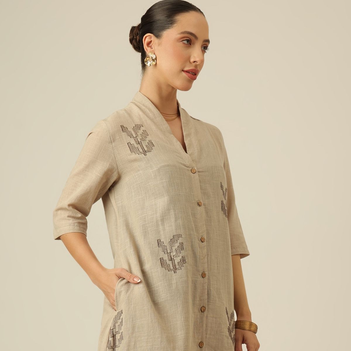 Dakota Long Shirt Overlay - Greige With Embroidery