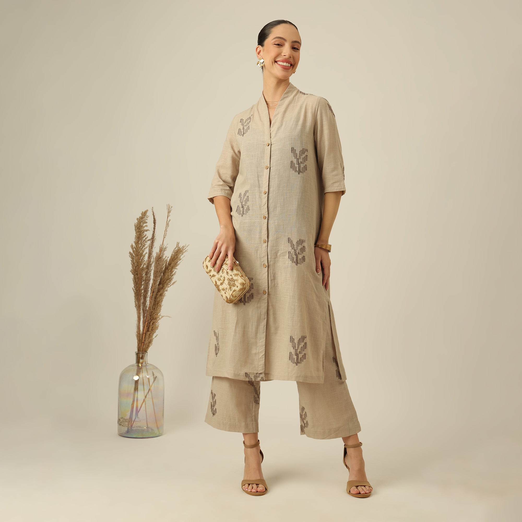Dakota Long Shirt Overlay - Greige With Embroidery