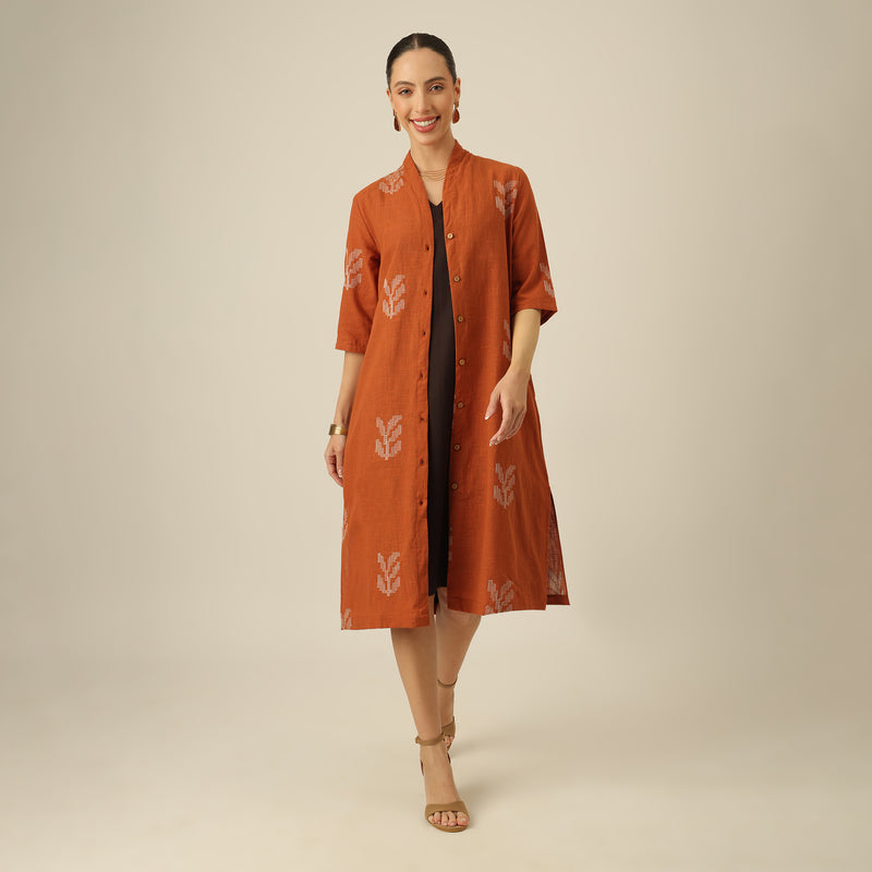 Dakota Set Of 2 - Long Shirt Overlay & Dress - Autumn Rust & Coffee With Embroidery
