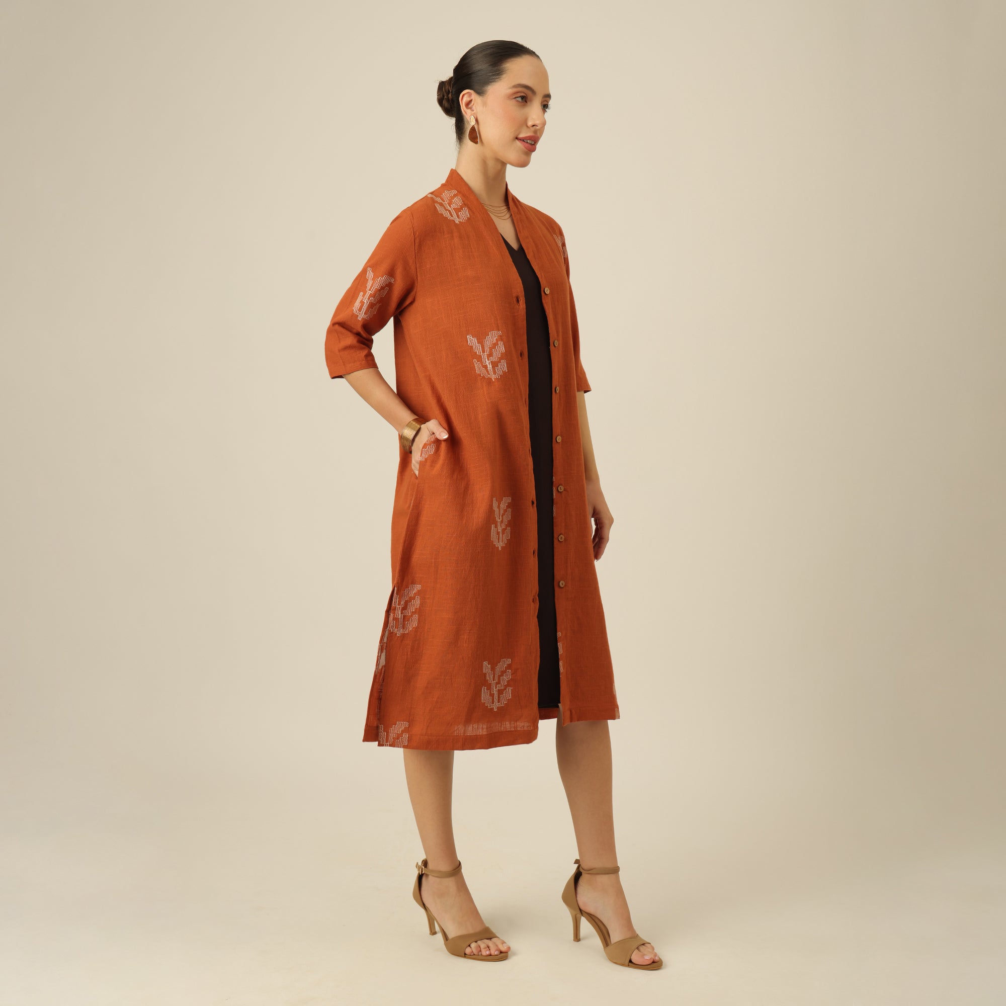 Dakota Set Of 2 - Long Shirt Overlay & Dress - Autumn Rust & Coffee With Embroidery