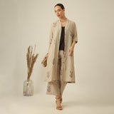 Dakota Set Of 3 - Overlay, Slip Top & Barrel Leg Pants - Greige & Coffee With Embroidery