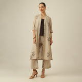 Dakota Set Of 3 - Overlay, Slip Top & Barrel Leg Pants - Greige & Coffee With Embroidery