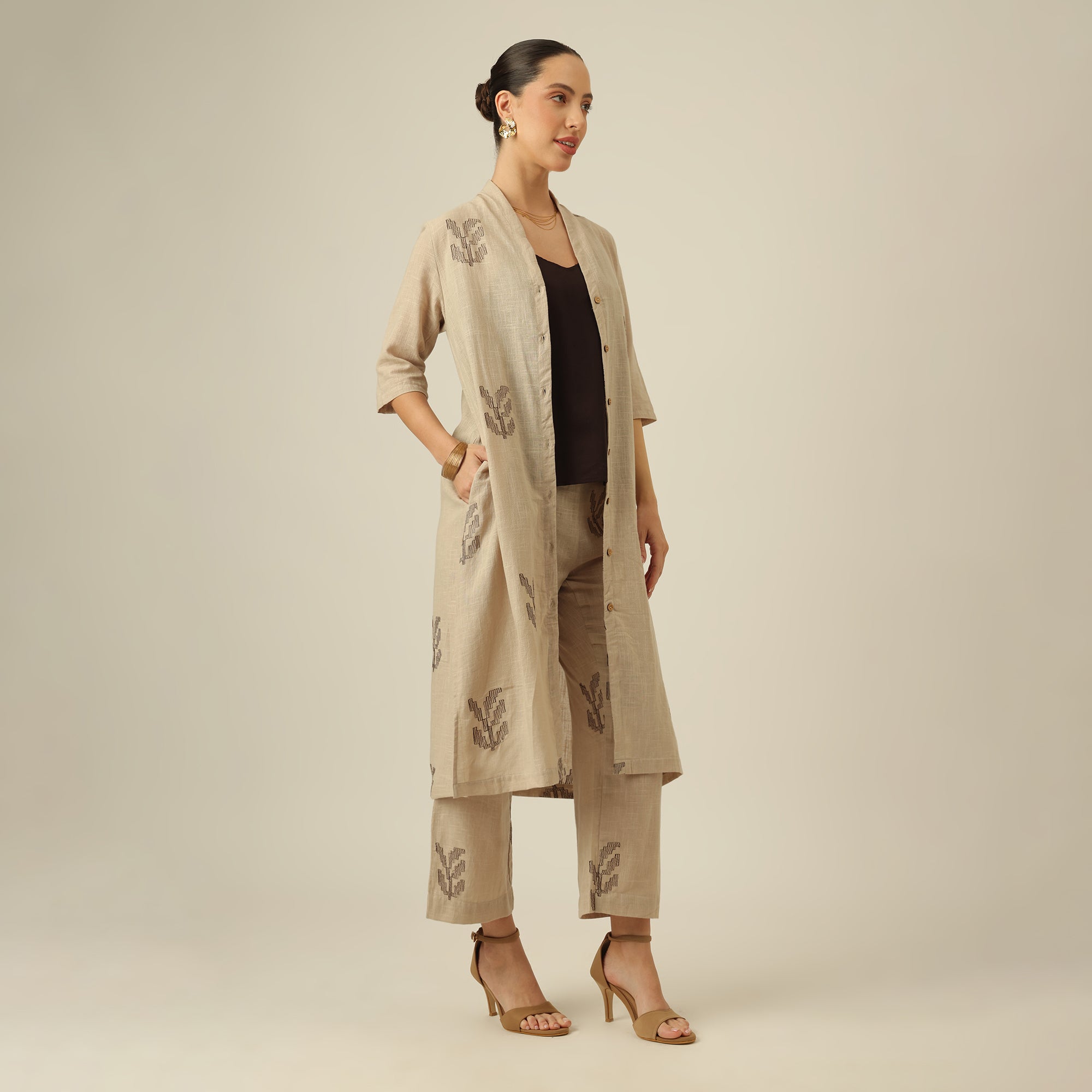 Dakota Set Of 3 - Overlay, Slip Top & Barrel Leg Pants - Greige & Coffee With Embroidery