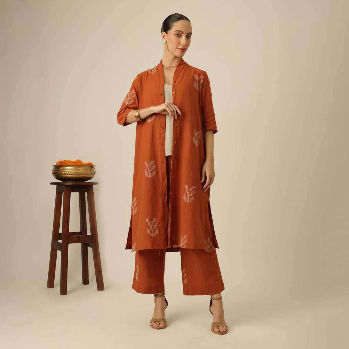 Dakota Set Of 3 - Overlay, Slip Top & Barrel Leg Pants - Autumn Rust & Greige With Embroidery