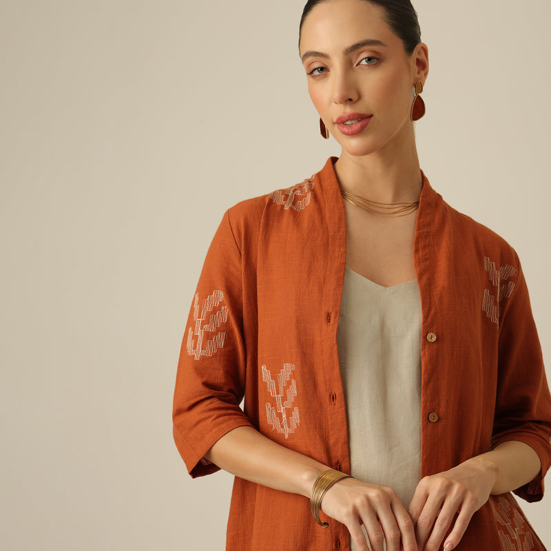 Dakota Set Of 3 - Overlay, Slip Top & Barrel Leg Pants - Autumn Rust & Greige With Embroidery
