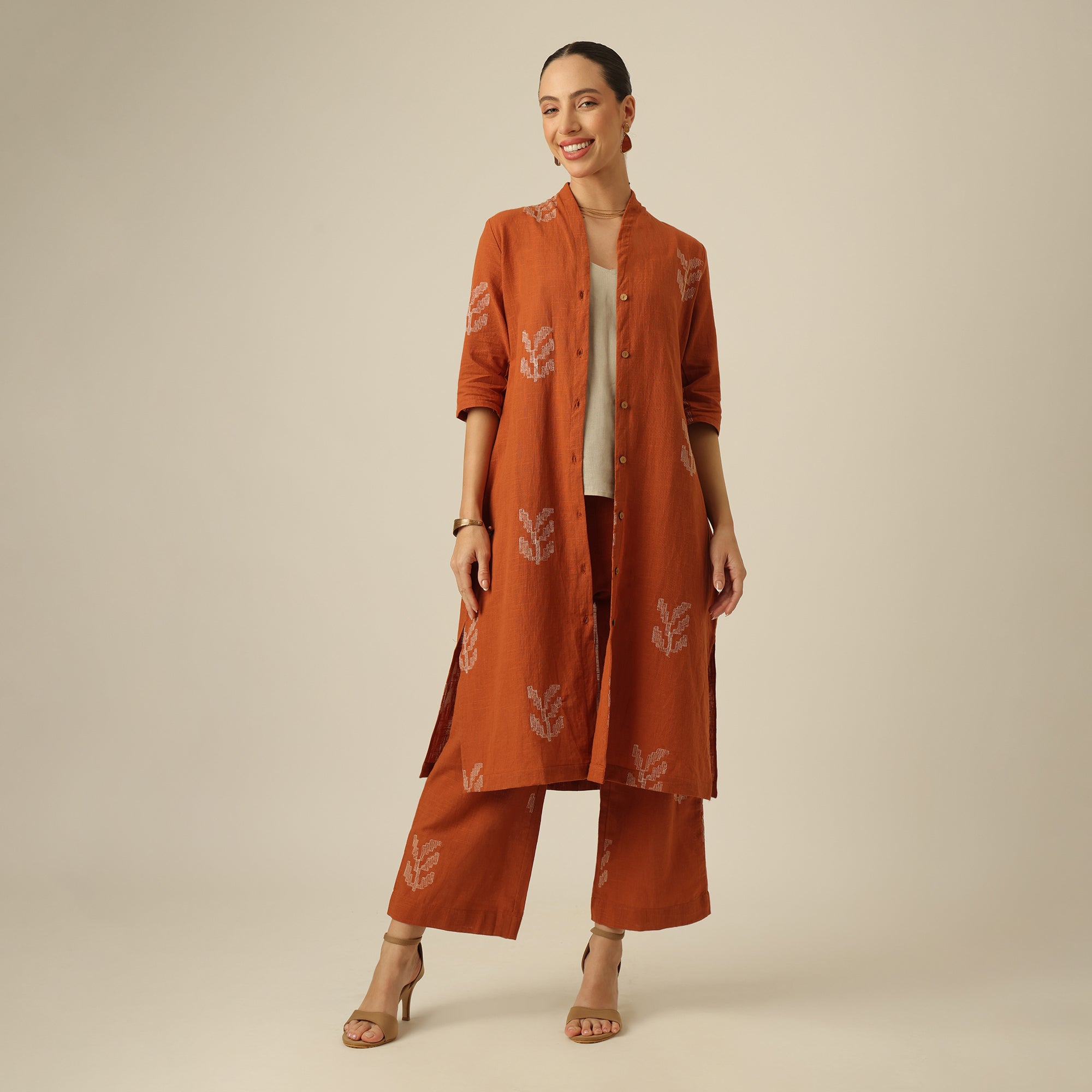 Dakota Set Of 3 - Overlay, Slip Top & Barrel Leg Pants - Autumn Rust & Greige With Embroidery