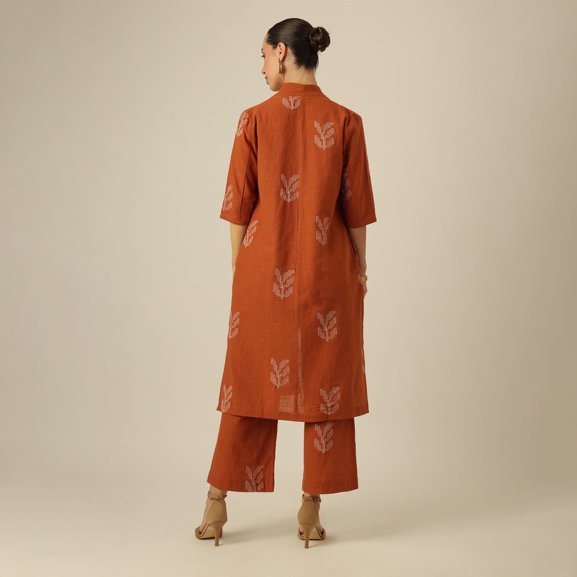 Dakota Set Of 3 - Overlay, Slip Top & Barrel Leg Pants - Autumn Rust & Greige With Embroidery