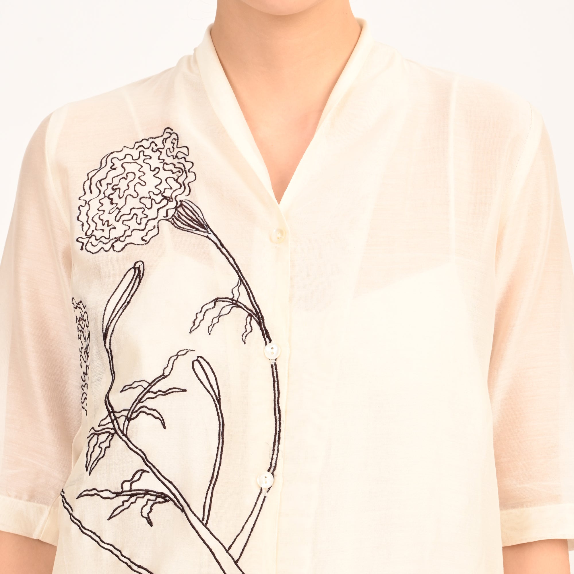 Dakota Long Shirt Jacket With Hand Embroidered Motif - Limited Edition - Pearl White Chanderi Silk