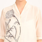 Dakota Long Shirt Jacket With Hand Embroidered Motif - Limited Edition - Pearl White Chanderi Silk