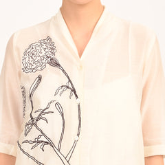 Dakota Long Shirt Jacket With Hand Embroidered Motif - Limited Edition - Pearl White Chanderi Silk