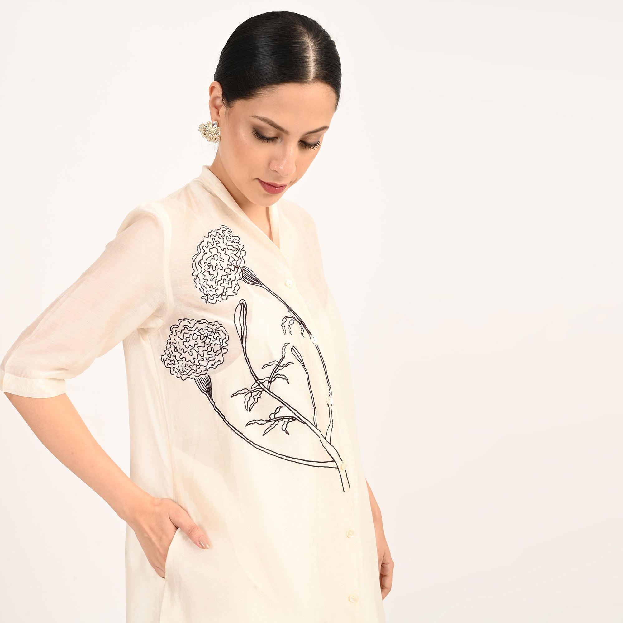Dakota Long Shirt Jacket With Hand Embroidered Motif - Limited Edition - Pearl White Chanderi Silk
