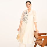 Dakota Set of 3 - Long Shirt, Inner & Pants With Hand Embroidered Motif - Limited Edition - Pearl White Chanderi Silk