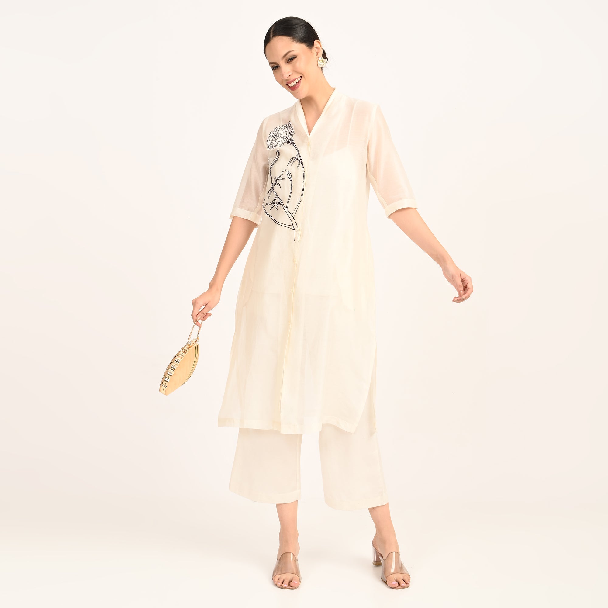 Dakota Long Shirt Jacket With Hand Embroidered Motif - Limited Edition - Pearl White Chanderi Silk