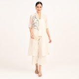 Dakota Set of 3 - Long Shirt, Inner & Pants With Hand Embroidered Motif - Limited Edition - Pearl White Chanderi Silk
